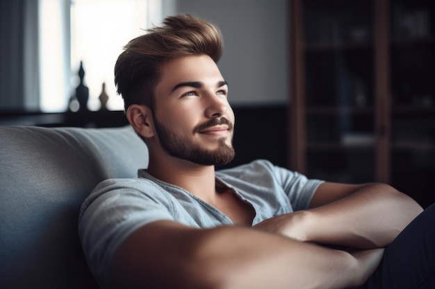 Photo d'un beau jeune homme se relaxant à la maison sur son canapé créé avec une IA générative