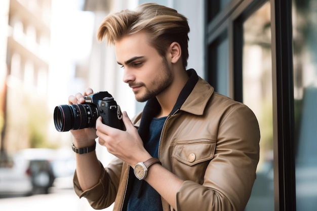 Photo d'un beau jeune homme sélectionnant des photos sur son appareil photo numérique créées avec une IA générative