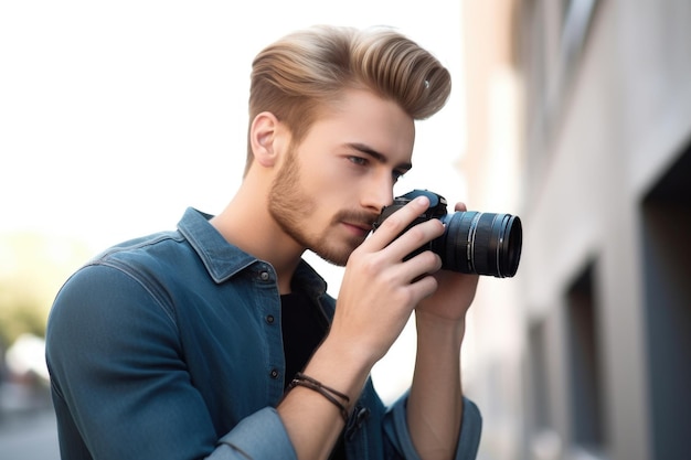 Photo d'un beau jeune homme sélectionnant des photos sur son appareil photo numérique créées avec une IA générative