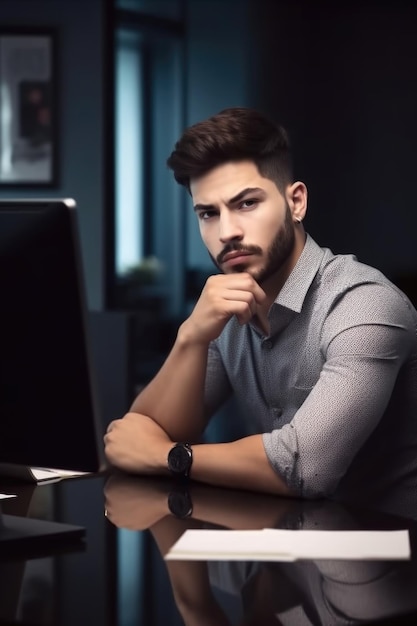 Une photo d'un beau jeune homme travaillant à son bureau dans le bureau créé avec l'IA générative