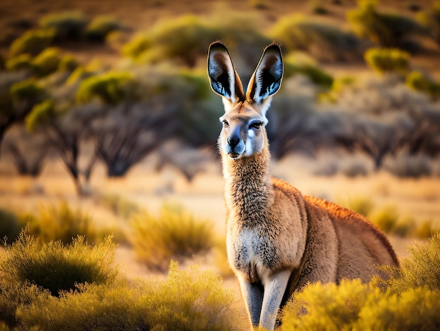 Photo d'un beau kangourou assis dans un champ d'herbe devant la jungle avec un appareil photo reflex numérique