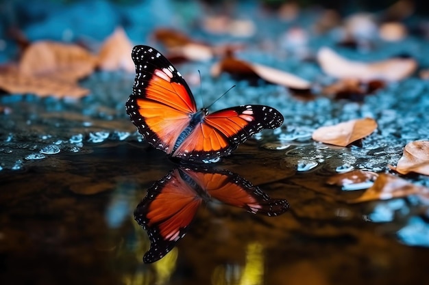 Photo d'un beau papillon aux ailes en bleu violet rouge