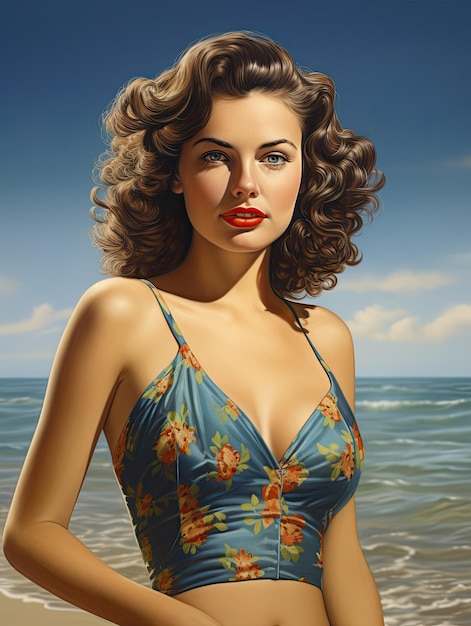 photo de beauté femme chaude des années 1950 sur maillot de bain de plage