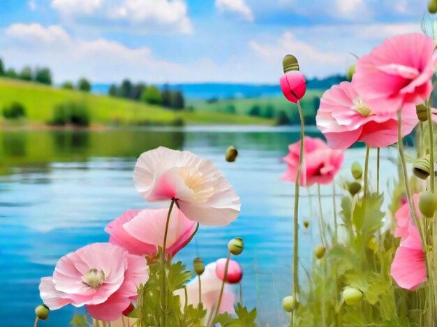 Photo de beaux coquelicots roses et blancs sur le fond du lac