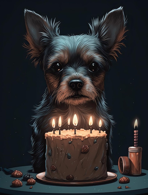 une photo d'un bébé chien avec un gâteau d'anniversaire