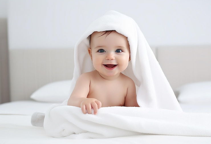 Photo photo de bébé avec une serviette pour bébé dans une salle blanche et lumineuse pour le bain de bébé
