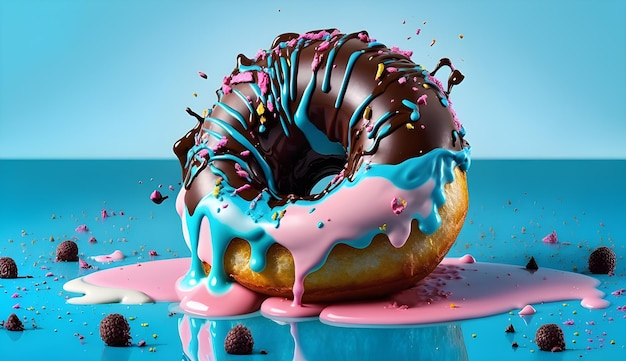 Photo d'un beignet avec un glaçage rose bleu et blanc et saupoudré dessus ai génératif