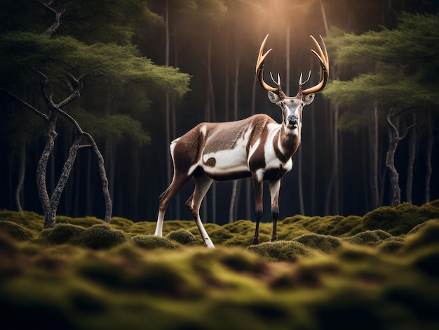 Photo d'un bel animal caribou debout devant une forêt verte capturé avec un appareil photo reflex numérique