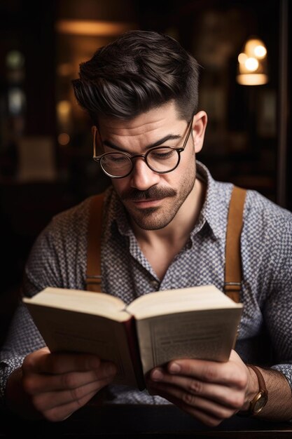 Photo photo d'un bel homme portant des lunettes lisant dans un café