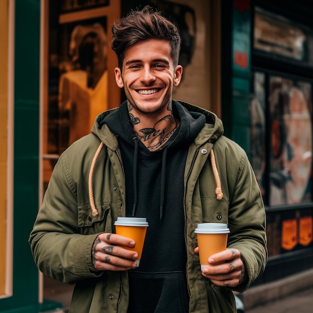 Photo d'un bel homme tenant une tasse de café à emporter