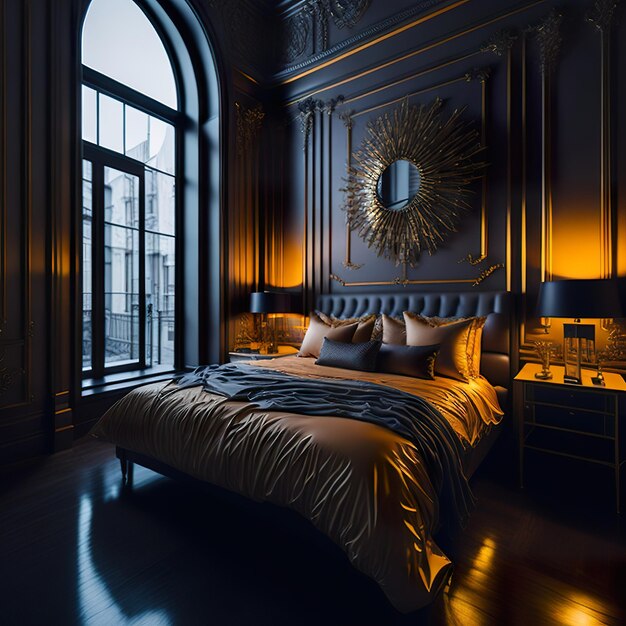 Photo belle chambre avec des détails dorés et des meubles luxueux