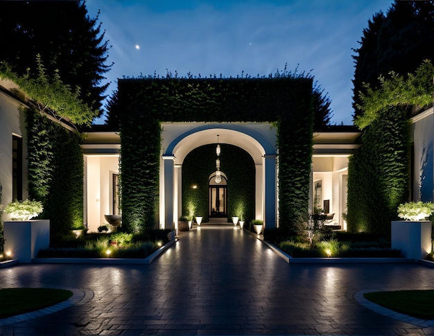 Photo d'une belle entrée de maison entourée d'une verdure luxuriante