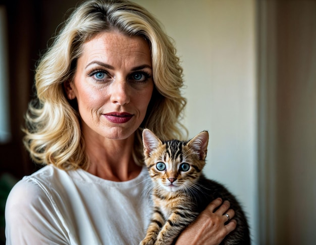 Photo photo d'une belle femme d'âge moyen aux cheveux blonds tenant un chaton dans la pièce ia générative