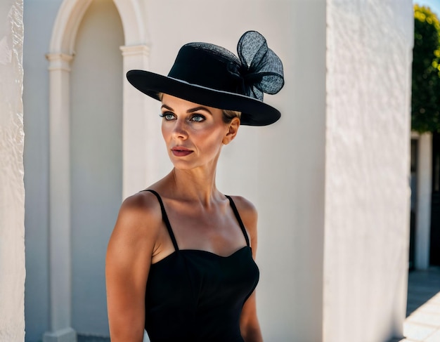 photo d'une belle femme d'âge moyen avec une robe noire et un chapeau debout devant le mur blanc de l'église générative AI