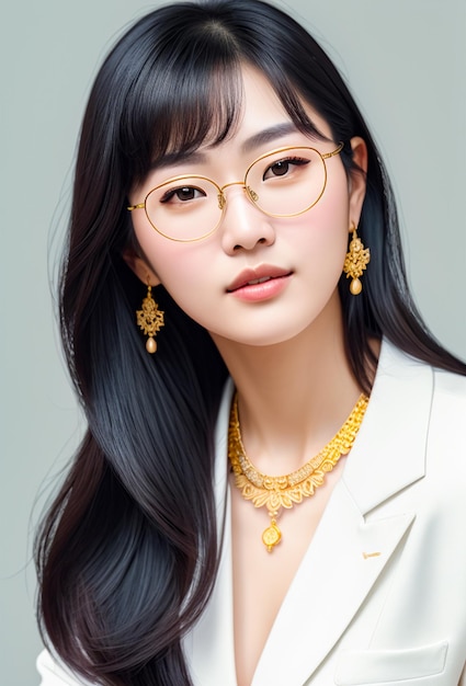 Une photo d'une belle femme asiatique aux cheveux courts de couleur noire et utilisant des lunettes