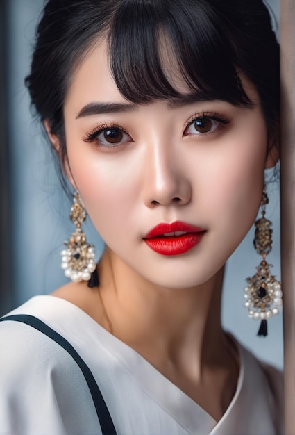 Une photo de belle femme asiatique cheveux noirs et lèvres rouges