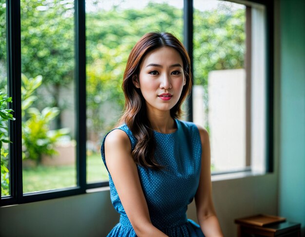 Photo photo d'une belle femme asiatique avec une robe imprimée à l'intérieur de la pièce