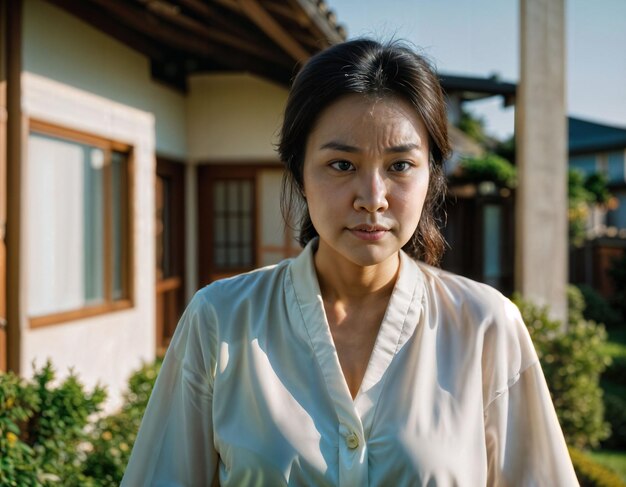 photo d'une belle femme asiatique en tant qu'épouse avec un visage curieux se sentant debout devant sa maison IA générative