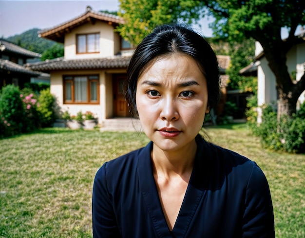 photo d'une belle femme asiatique en tant qu'épouse avec un visage curieux se sentant debout devant sa maison IA générative