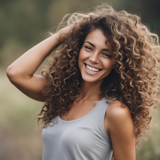 Photo photo d'une belle femme aux cheveux lâches et bouclés souriante et avec un corps en forme 2