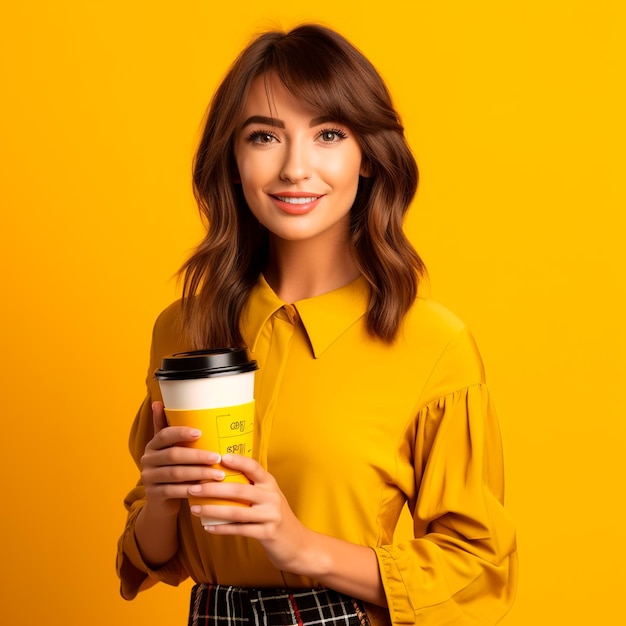 Photo d'une belle femme aux cheveux longs tenant une tasse de café à emporter avec un fond blanc