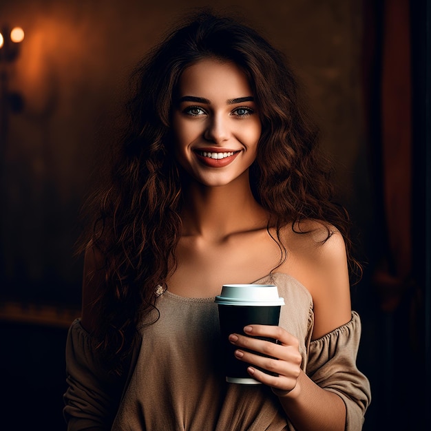 Photo d'une belle femme aux cheveux longs tenant une tasse de café à emporter avec un fond blanc