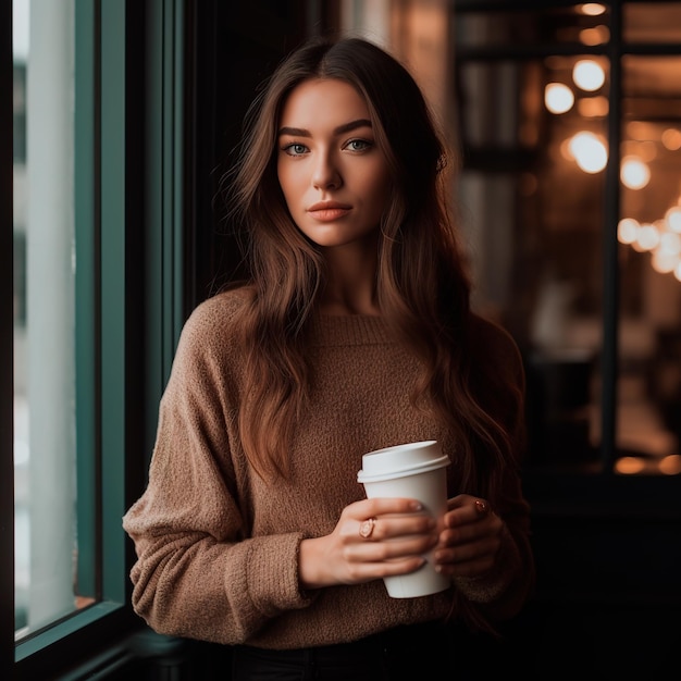 Photo d'une belle femme aux cheveux longs tenant une tasse de café à emporter avec un fond blanc