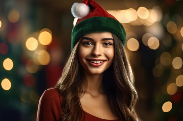 Photo d'une belle femme avec un bonnet de Noel pose avec un sourire IA générative
