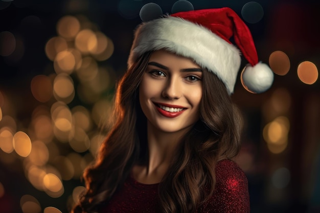 Photo d'une belle femme avec un bonnet de Noel pose avec un sourire IA générative