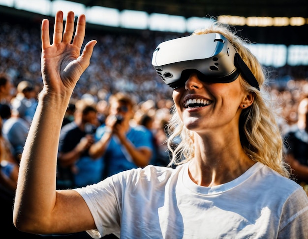 photo d'une belle femme avec un casque de lunettes VR dans l'arène sportive du stade IA générative