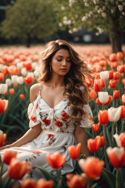 photo d'une belle femme sur un champ de tulipes