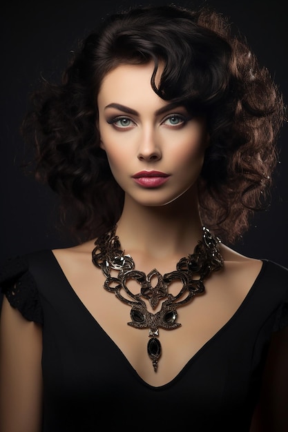 Une photo d'une belle femme avec un collier exclusif dans un studio professionnel