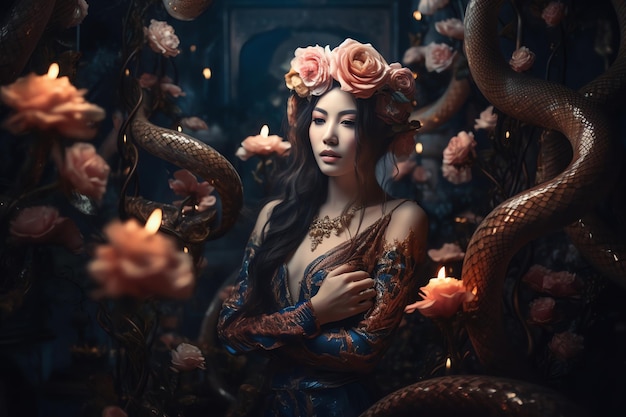 Photo d'une belle femme avec une décoration de serpents générative ai