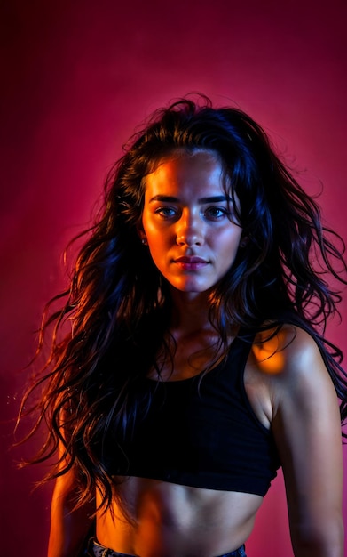 photo d'une belle femme avec un éclairage rouge et rose et une toile de fond AI générative