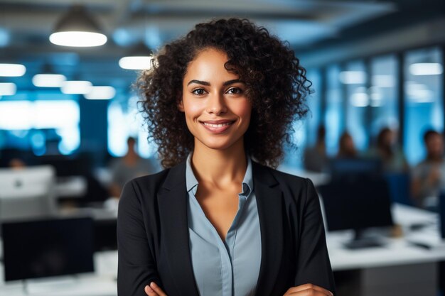 Photo d'une belle femme heureuse regardant la caméra alors qu'elle est assise au bureau