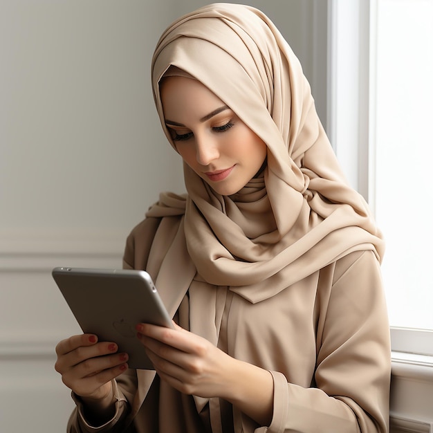 Photo d'une belle femme musulmane portant un hijab et souriant doucement à l'aide d'une tablette