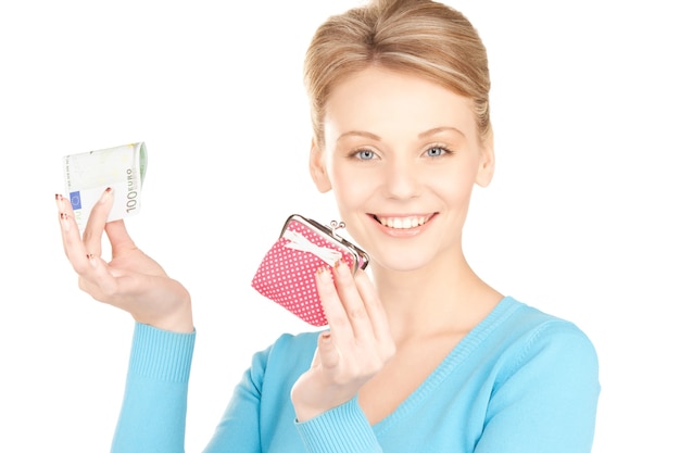 photo de belle femme avec sac à main et argent