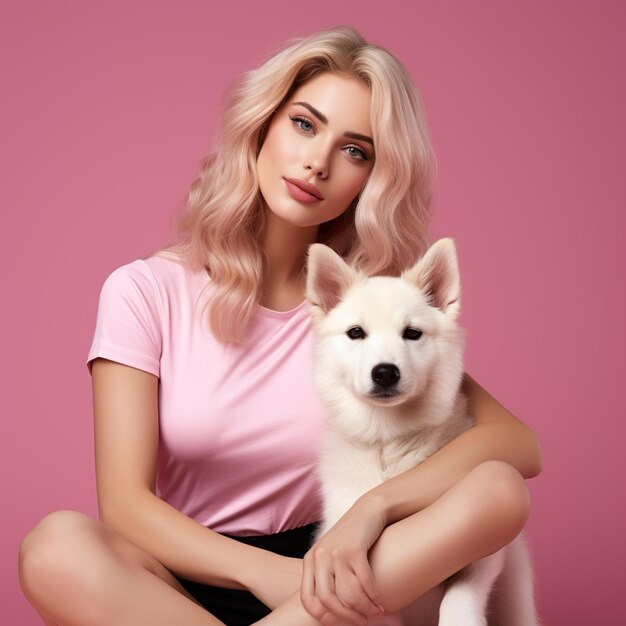 Photo photo d'une belle femme avec son chien de compagnie