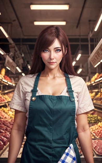 Photo d'une belle femme en tant que commerçante au marché AI générative