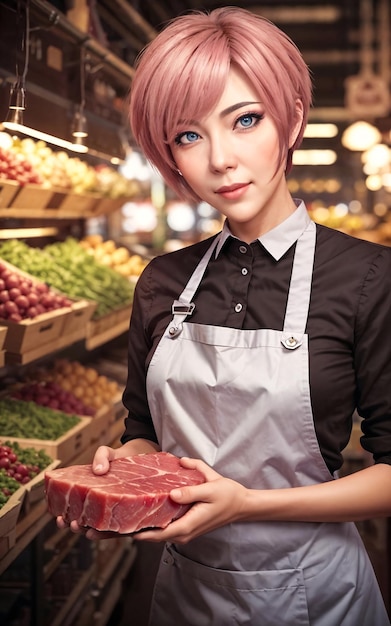 Photo d'une belle femme en tant que commerçante au marché AI générative