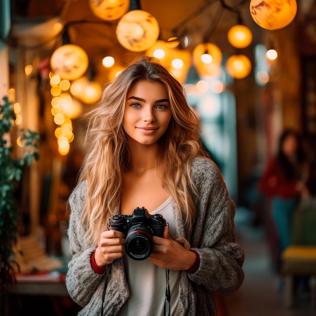 photo d'une belle femme tenant un appareil photo journée mondiale de la photographie