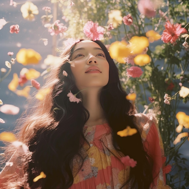 Une photo d'une belle fille asiatique avec des fleurs d'une IA générative