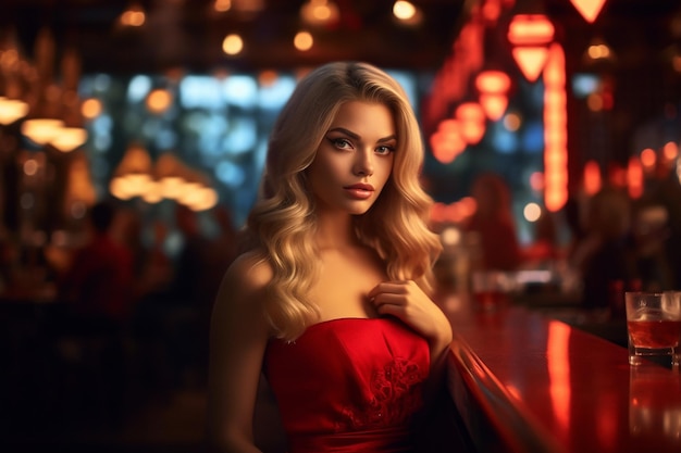 photo d'une belle fille dans une robe rouge dans un bar