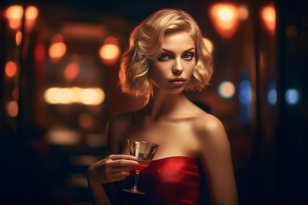 photo d'une belle fille dans une robe rouge dans un bar