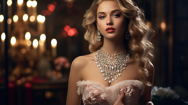 Une photo d'une belle fille avec un ensemble de bijoux luxueux