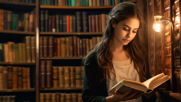 Photo de belle fille mignonne lisant un livre d'histoire dans la bibliothèque