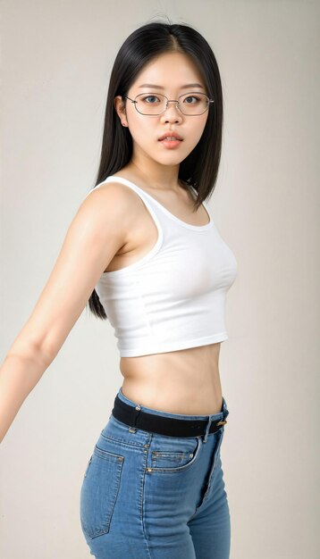 photo d'une belle jeune femme asiatique avec un haut blanc et un jean debout sur un fond blanc IA générative