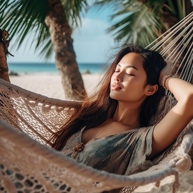 Photo belle jeune femme asiatique relaxante sur hamac