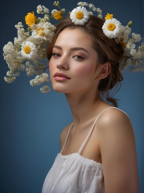 Photo photo d'une belle jeune femme heureuse avec une peau parfaitement propre et fraîche avec une fleur sur fond bleu