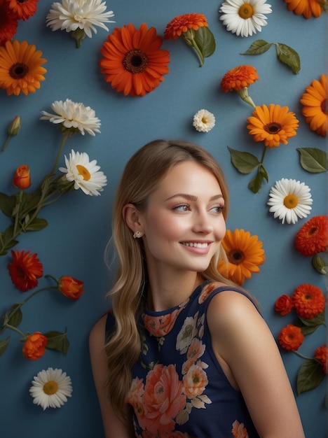 Photo photo d'une belle jeune femme heureuse avec une peau parfaitement propre et fraîche avec une fleur sur fond bleu